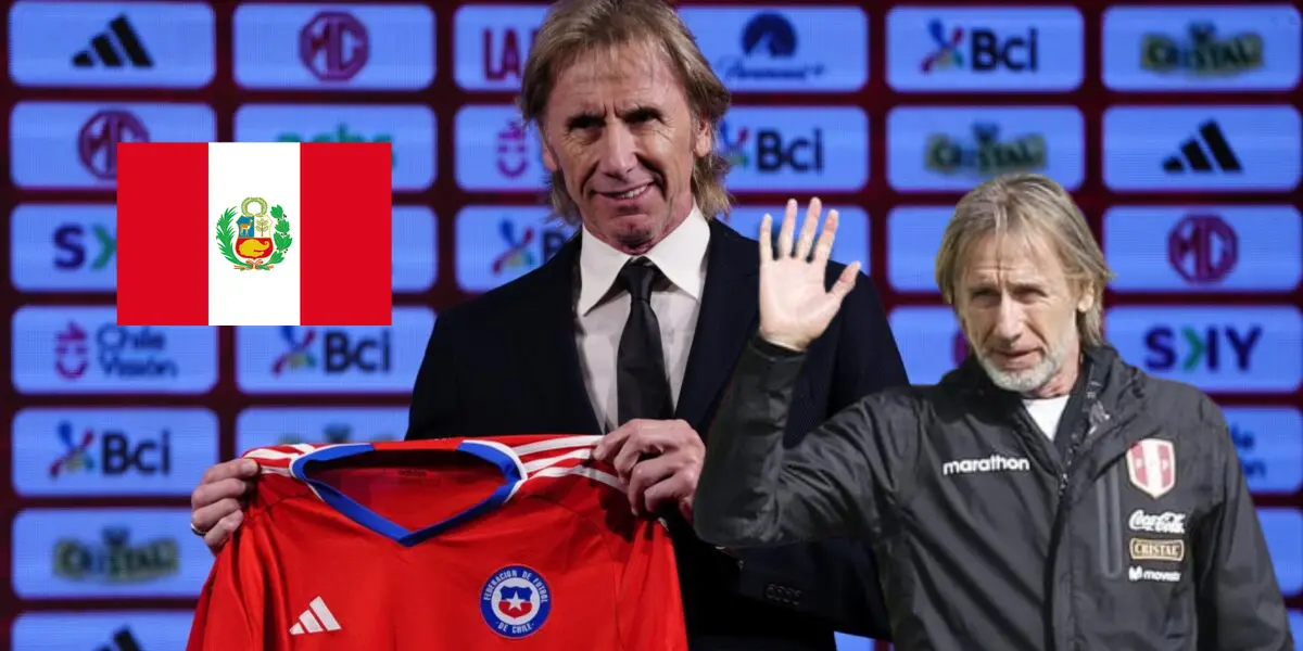 Ricardo Gareca en conferencia de prensa siendo presentado en Chile, al costado el DT argentino con el buzo de Perú.