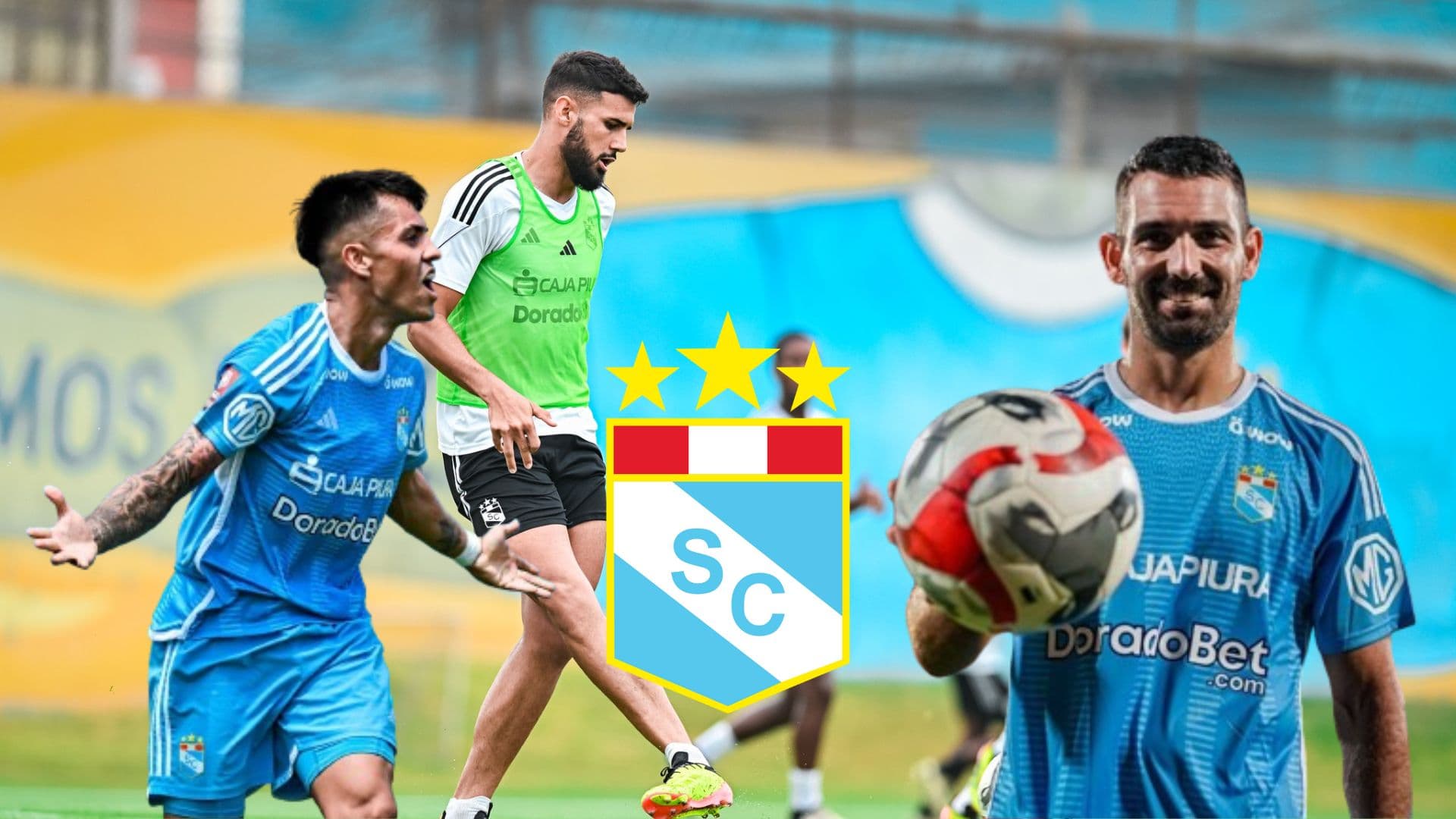 Santiago Gonzáles, Martín Cauteruccio y detrás un entrenamiento de Sporting Cristal