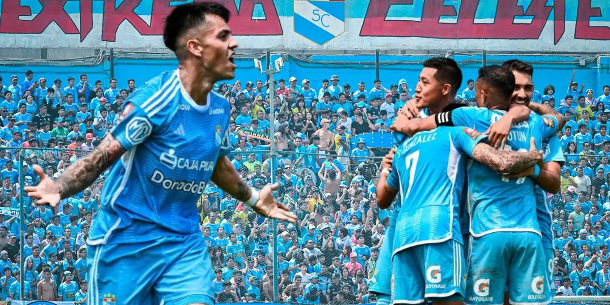Santiago González celebrando, jugadores de Sporting Cristal y detrás la hinchada rimense