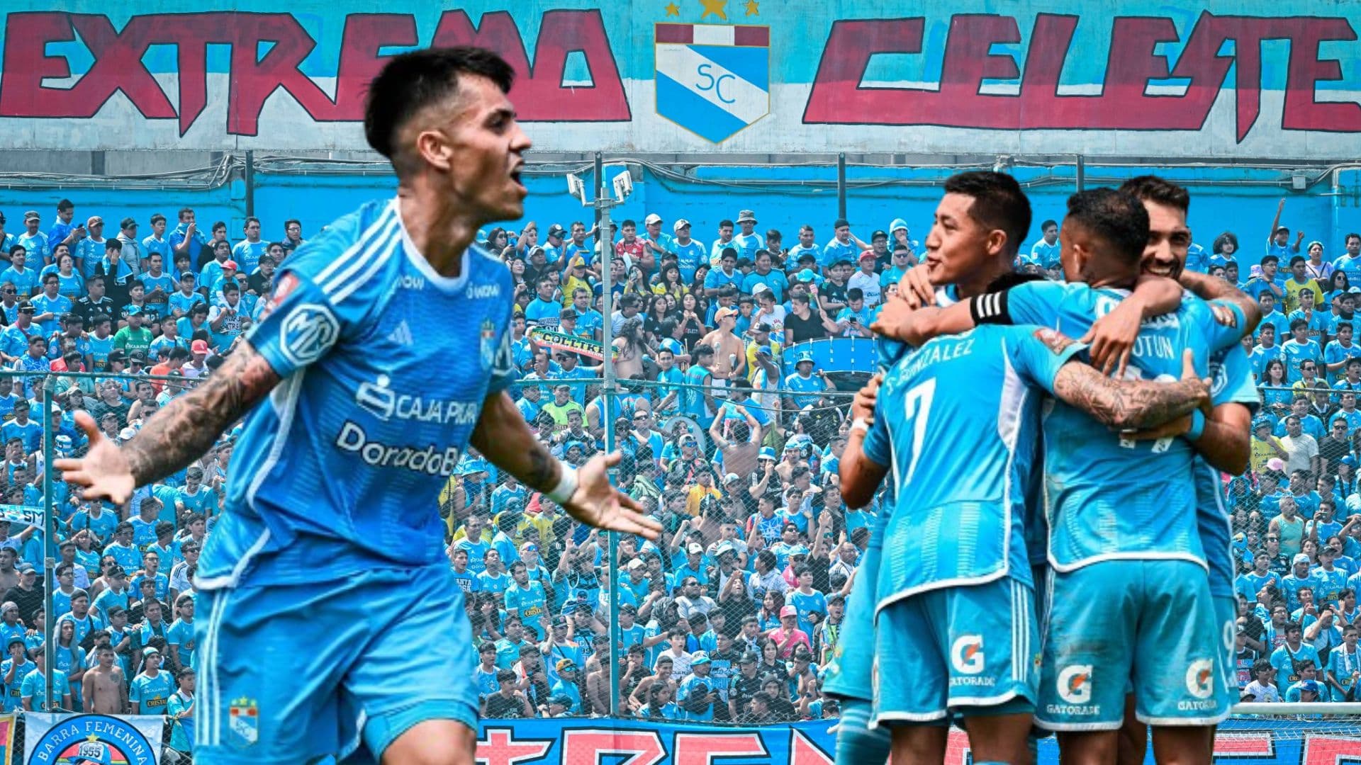 Santiago González celebrando, jugadores de Sporting Cristal y detrás la hinchada rimense