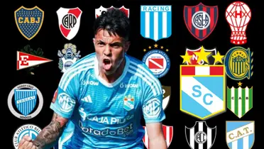 Santiago González vistiendo la camiseta de Sporting Cristal y detrás clubes de la Liga Argentina