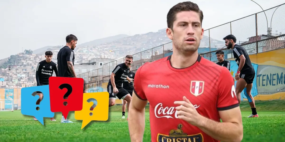 Santiago Ormeño con la camiseta de Perú y detrás un entrenamiento en La Florida