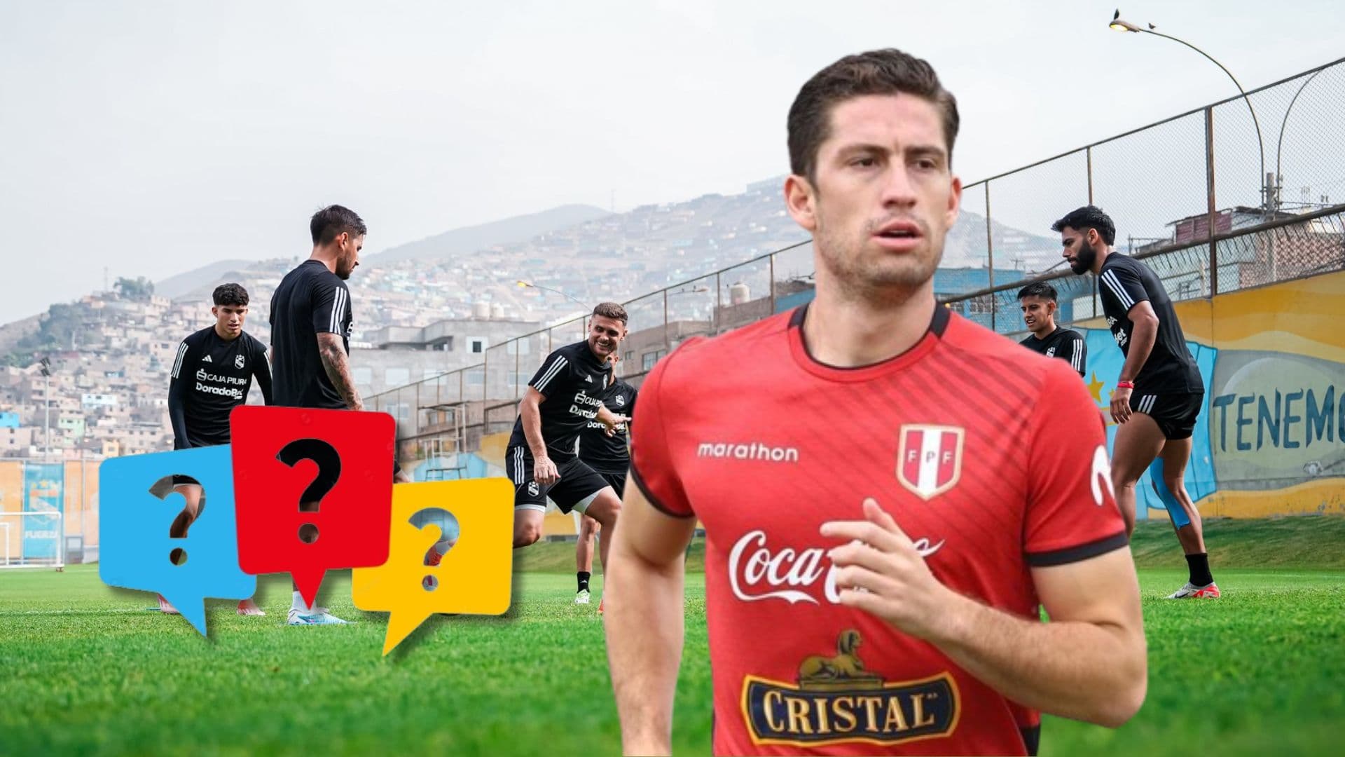 Santiago Ormeño con la camiseta de Perú y detrás un entrenamiento en La Florida