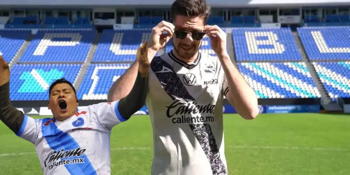 Santiago Ormeño posando con la camiseta del Puebla de México, al lado un hincha del club azteca. FOTO: El Sol de Puebla