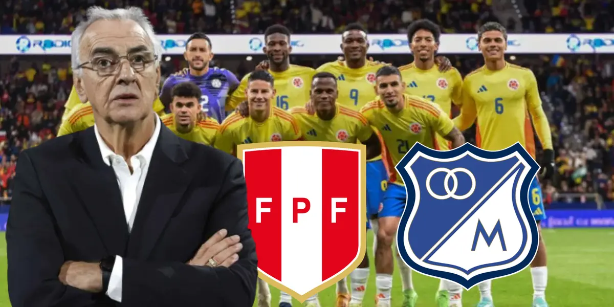 Selección de Colombia posando para la foto y Jorge Fossati mirando