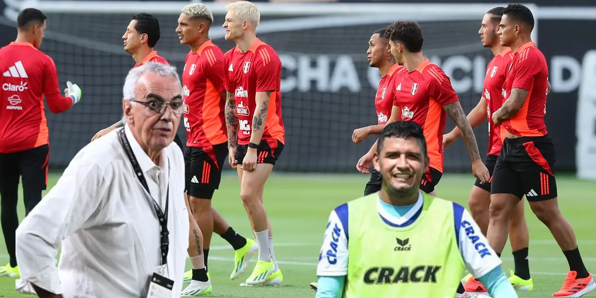 Selección Peruana entrenando, Jorge Fossati con la mano en la cintura y Reimond Manco sonriente