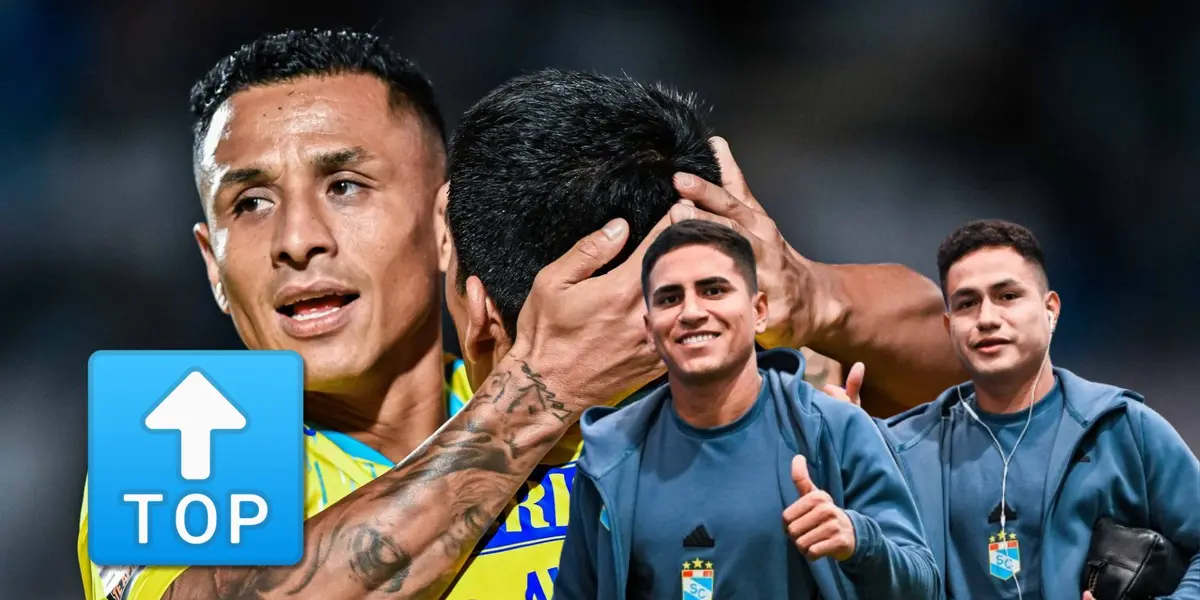 Sporting Cristal celebrando y debajo Gianfranco Chávez junto a Jesús Pretell