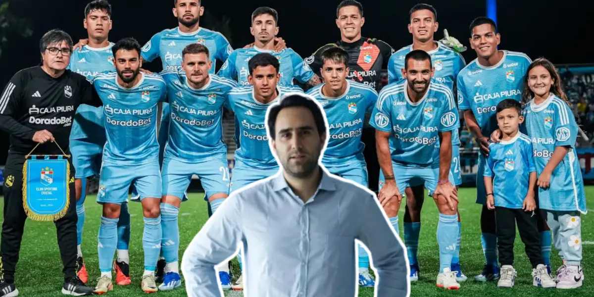 Sporting Cristal posando para la foto y Joel Raffo mirando serio