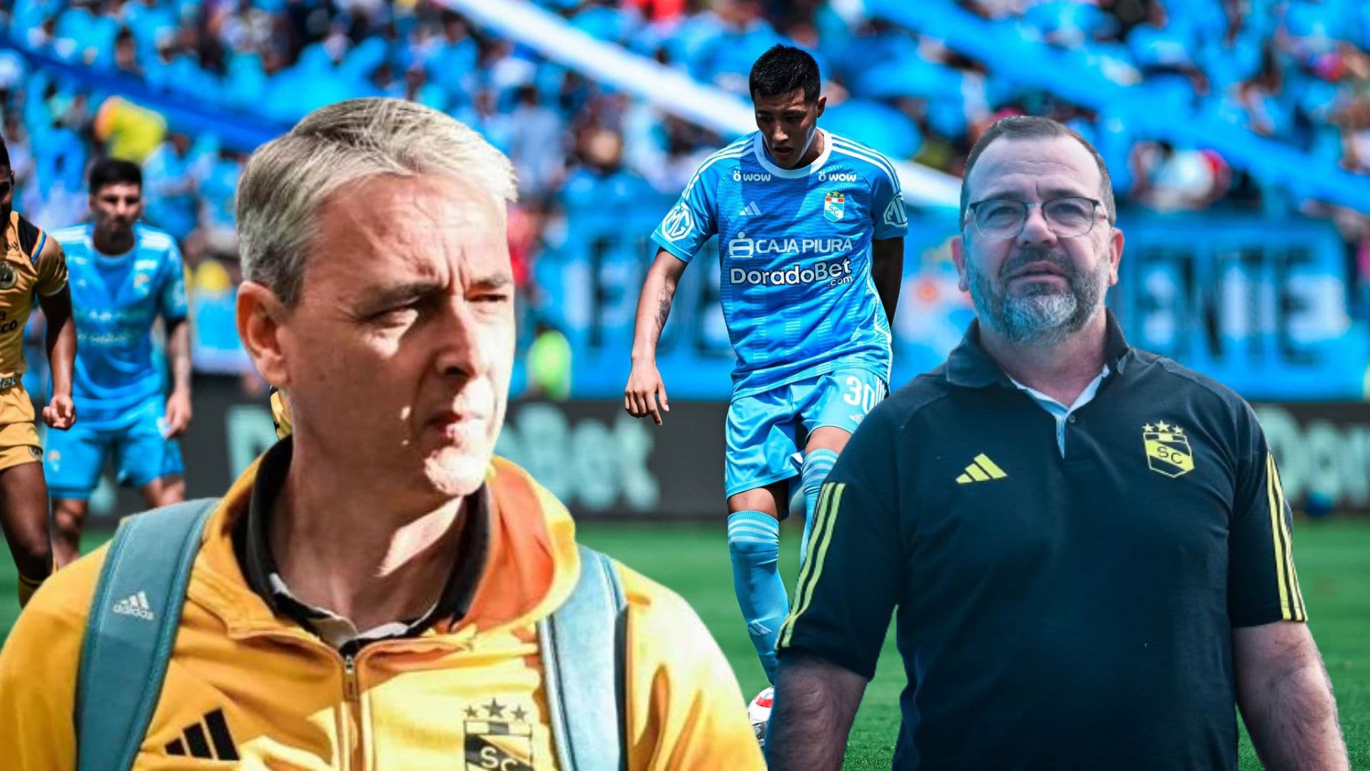 Tiago Nunes, Enderson Moreira y detrás una acción de juego en el Cristal vs Cusco FC