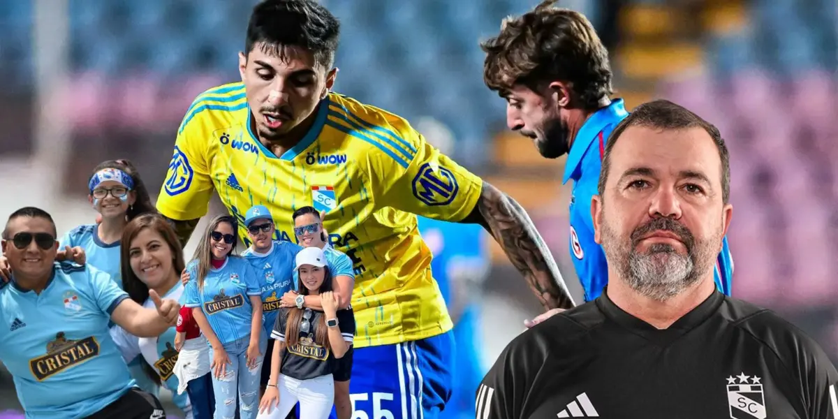 Una acción del duelo entre Garcilaso vs Cristal, abajo la hinchada rimense y el DT Moreira