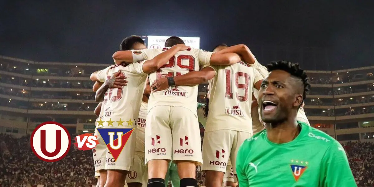 Universitario celebrando, al lado Alexander Domínguez, portero de Liga de Quito. FOTO: Fútbol Peruano