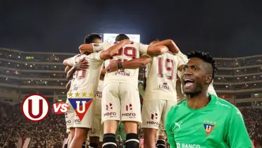 Universitario celebrando, al lado Alexander Domínguez, portero de Liga de Quito. FOTO: Fútbol Peruano