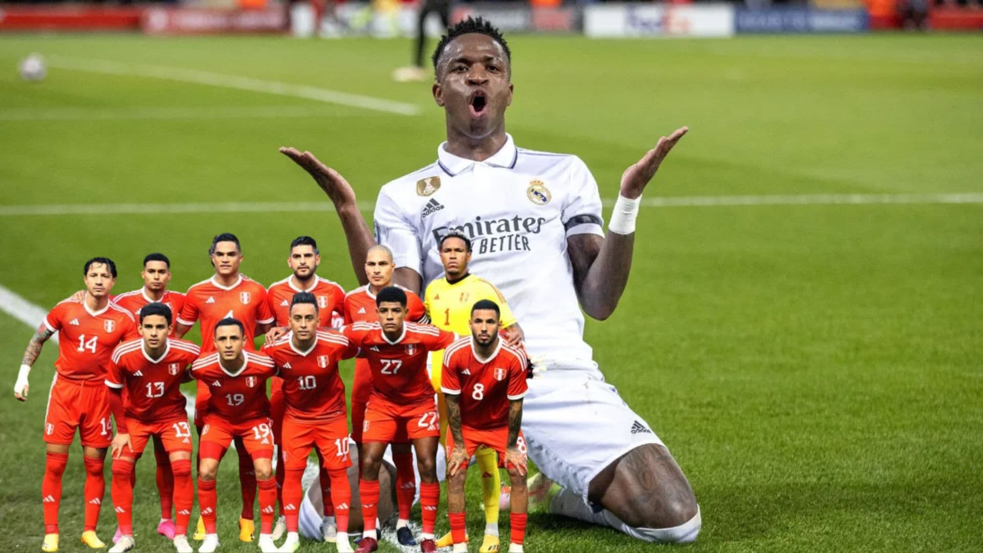 Vinicius Jr. celebrando con el Real Madrid y debajo la Selección Peruana posando para las cámaras