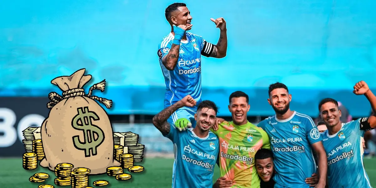 Yoshimar Yotún festejando con Cristal y debajo Cazonatti, Solís, Da Silva, Chávez y Grimaldo