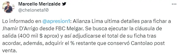 Alianza Lima cerca de Jhamir D'Arrigo