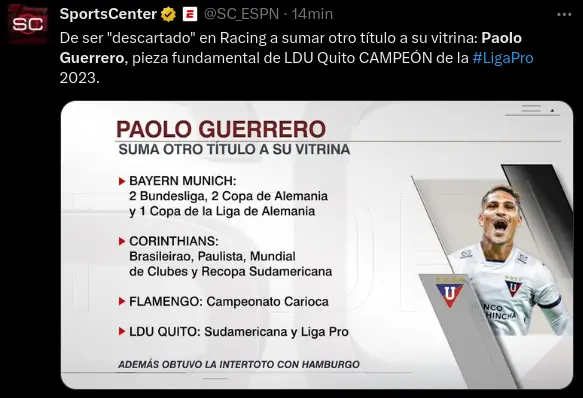 Lo que dice ESPN del título de Paolo Guerrero